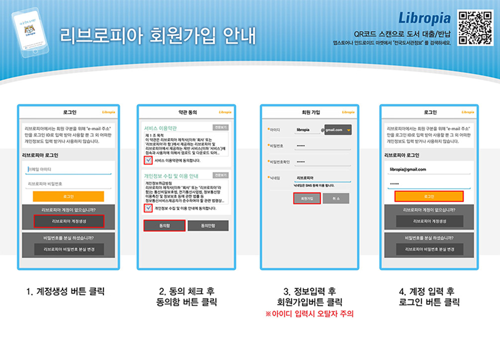 리브로피아 회원가입 안내 - 1.계정생성 바로 클릭, 2.통합 계정 통합회원 바로 클릭, 3.정보입력 휴대전화번호 클릭 아이핀만 입력할 경우에는 '아이핀'을 클릭 후 인증, 4.계정 입력 통합회원가입 바로 클릭